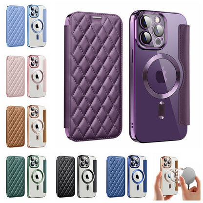 Full protection diamond flip leather transparent electroplating magnetic protective case (for iPhone 16-11 series)