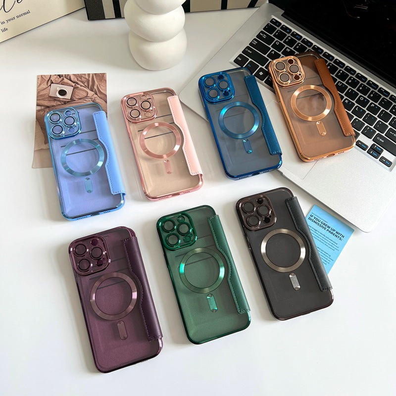 Full protection diamond flip leather transparent electroplating magnetic protective case (for iPhone 16-11 series)