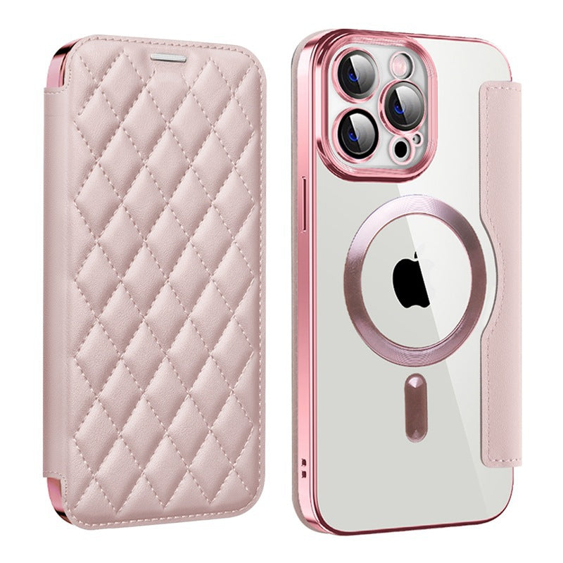 Full protection diamond flip leather transparent electroplating magnetic protective case (for iPhone 16-11 series)