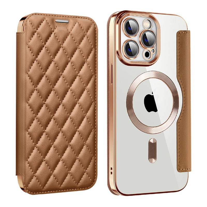 Full protection diamond flip leather transparent electroplating magnetic protective case (for iPhone 16-11 series)