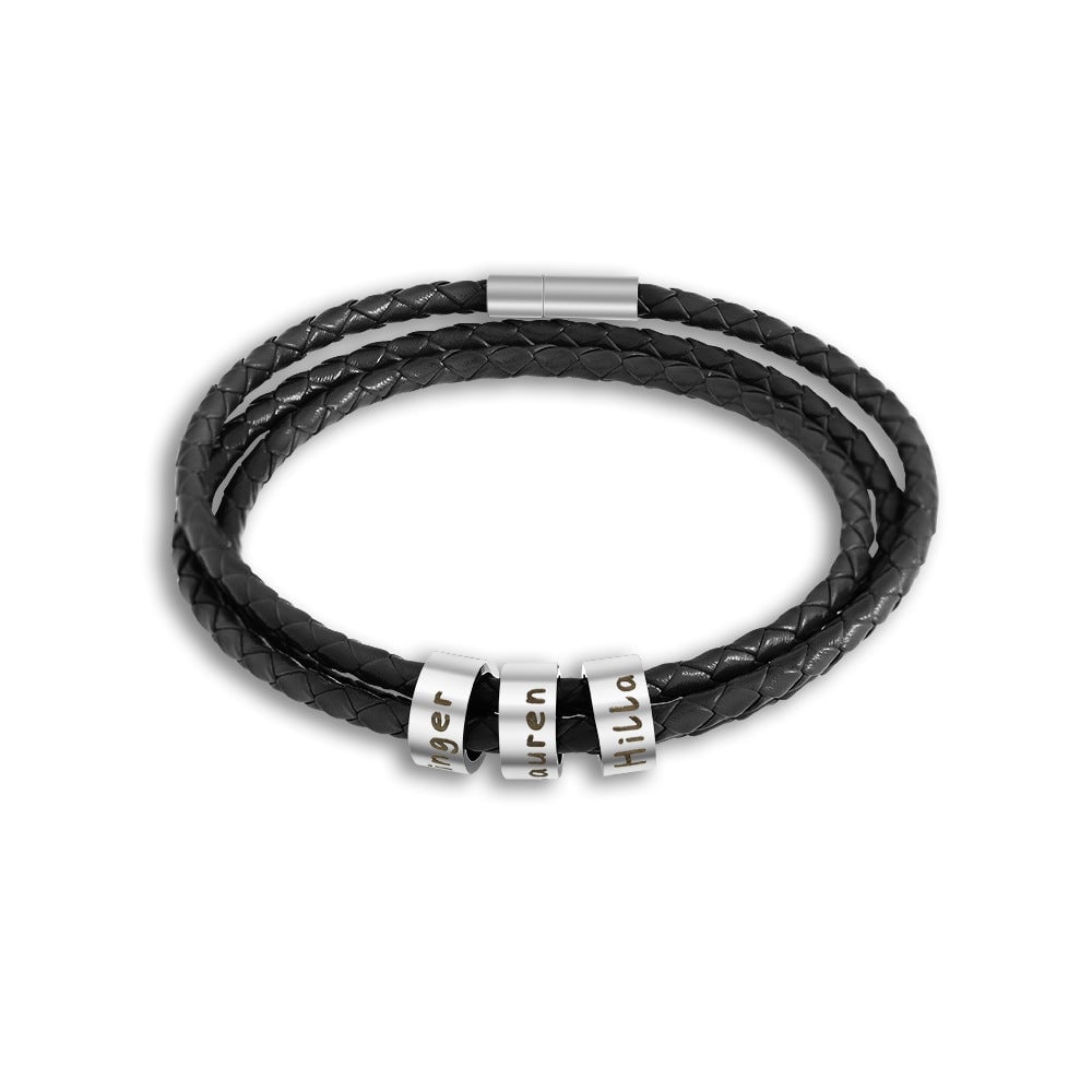 Men Braided Leather Bracelet with Small Custom Beads