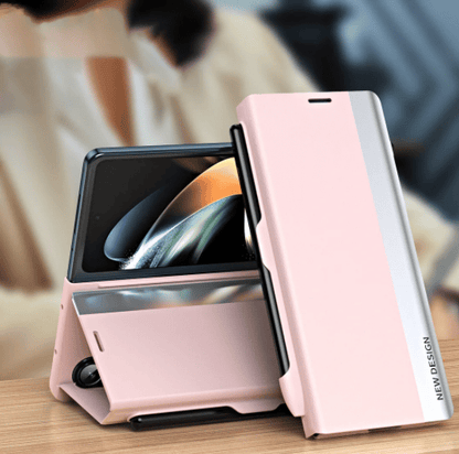 Luxury Electroplated Leather Magnetic Phone Case With Phone Stand,Stylus,Stylus Slot And Hinge For Galaxy Z Fold3/ Fold4/Fold5