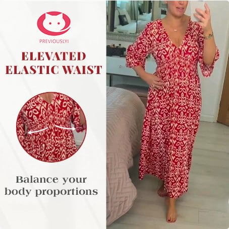 🔥Bohemian casual print V-neck waist wrap long dress