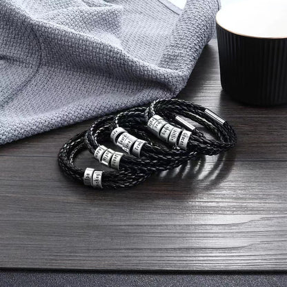 Men Braided Leather Bracelet with Small Custom Beads