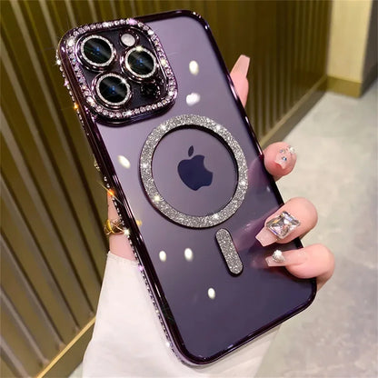 2024 New Fashion Glitter Diamond Transparent Case For iPhone 16 15 14 Plus Pro Max Magnetic Wireless Charge Back Cover