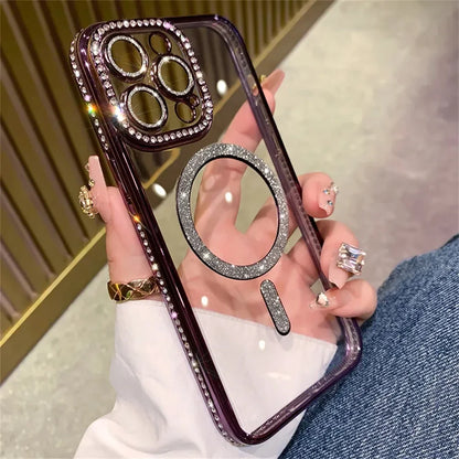 2024 New Fashion Glitter Diamond Transparent Case For iPhone 16 15 14 Plus Pro Max Magnetic Wireless Charge Back Cover