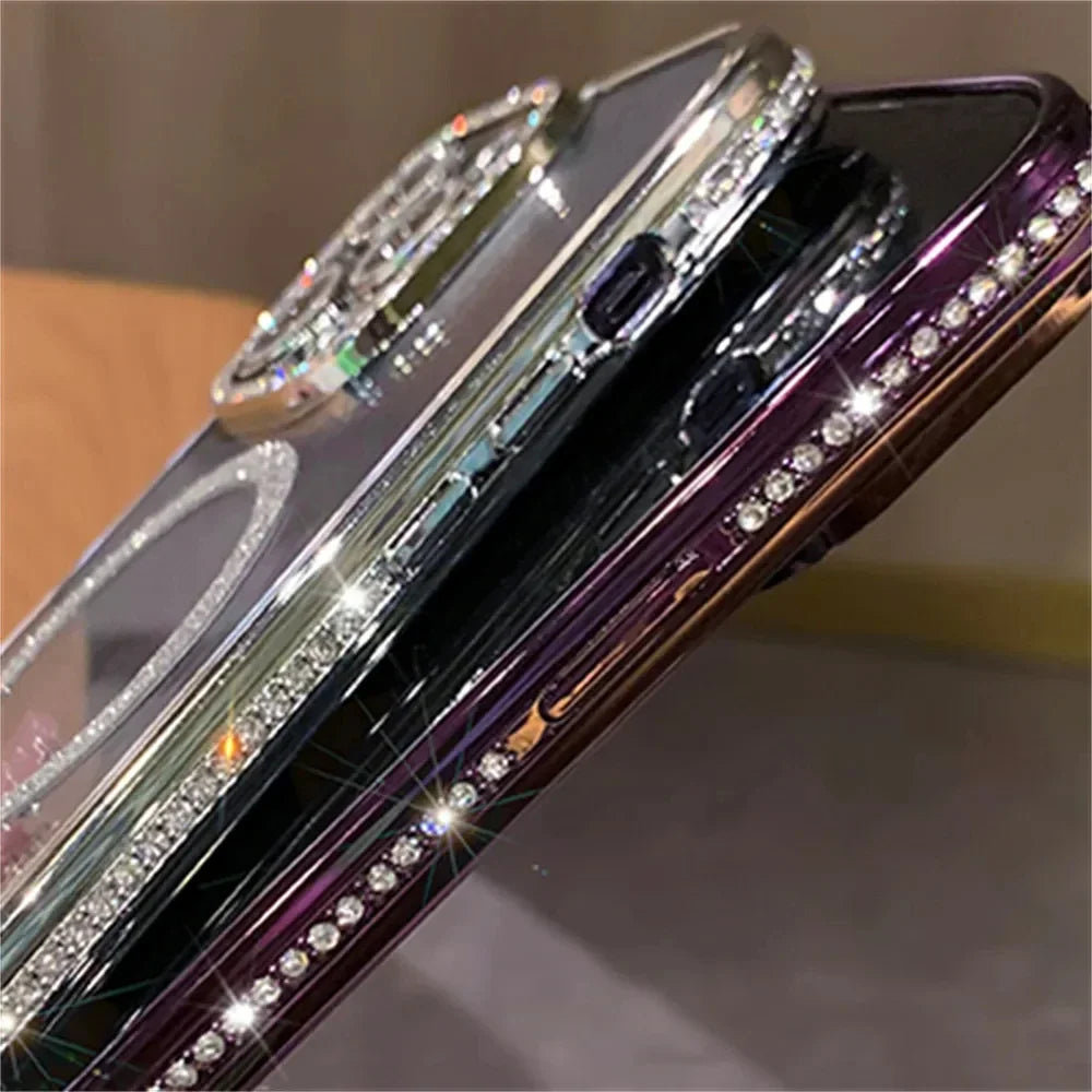 2024 New Fashion Glitter Diamond Transparent Case For iPhone 16 15 14 Plus Pro Max Magnetic Wireless Charge Back Cover