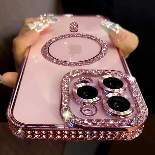 2024 New Fashion Glitter Diamond Transparent Case For iPhone 16 15 14 Plus Pro Max Magnetic Wireless Charge Back Cover