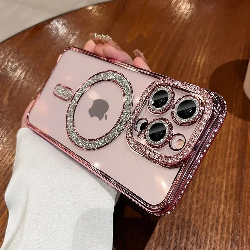 2024 New Fashion Glitter Diamond Transparent Case For iPhone 16 15 14 Plus Pro Max Magnetic Wireless Charge Back Cover