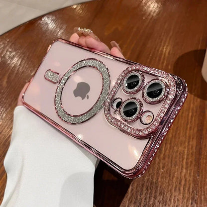 2024 New Fashion Glitter Diamond Transparent Case For iPhone 16 15 14 Plus Pro Max Magnetic Wireless Charge Back Cover