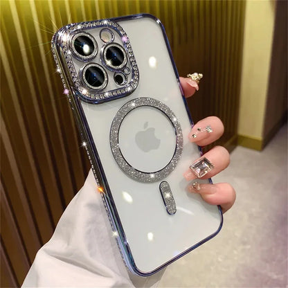 2024 New Fashion Glitter Diamond Transparent Case For iPhone 16 15 14 Plus Pro Max Magnetic Wireless Charge Back Cover