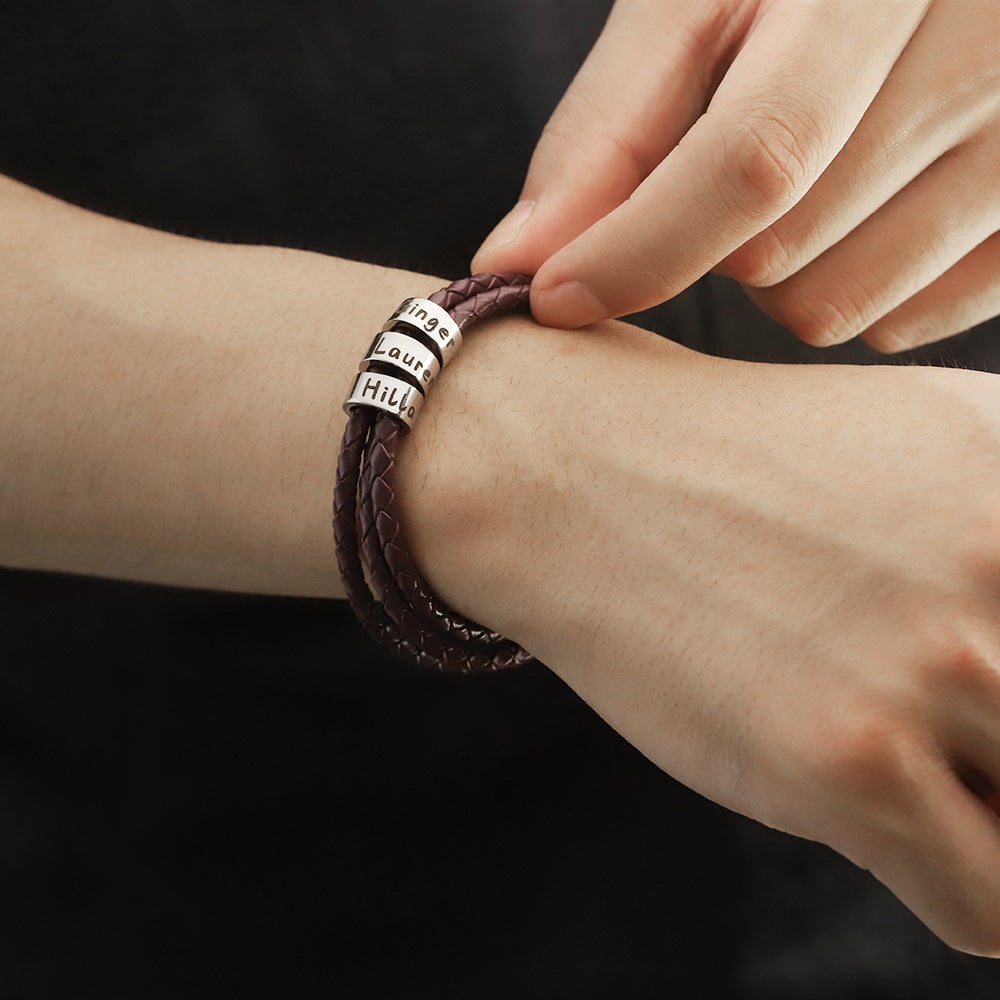 Men Braided Leather Bracelet with Small Custom Beads