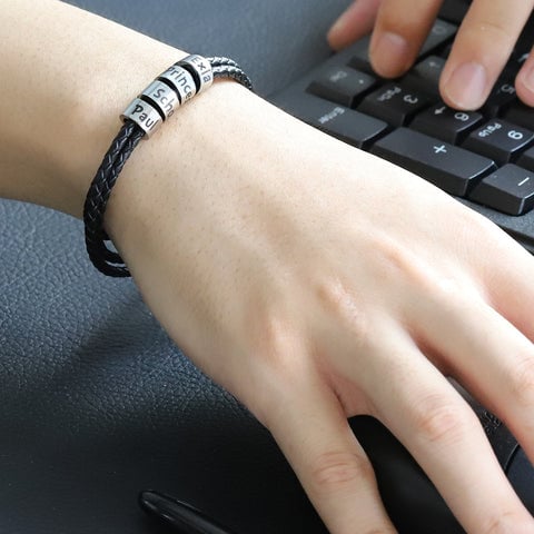 Men Braided Leather Bracelet with Small Custom Beads