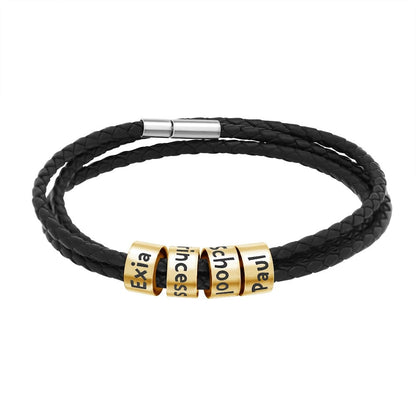 Men Braided Leather Bracelet with Small Custom Beads